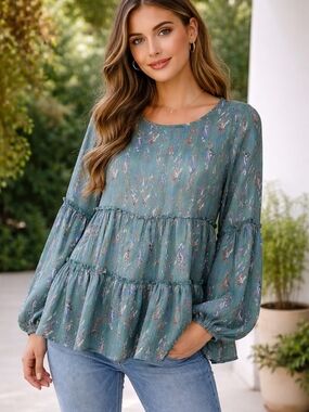 HAILEY AND CO TEAL TIERED RUFFLE BLOUSE LONG SLEEVE SEMI-SHEER PEASANT WOMENS SM